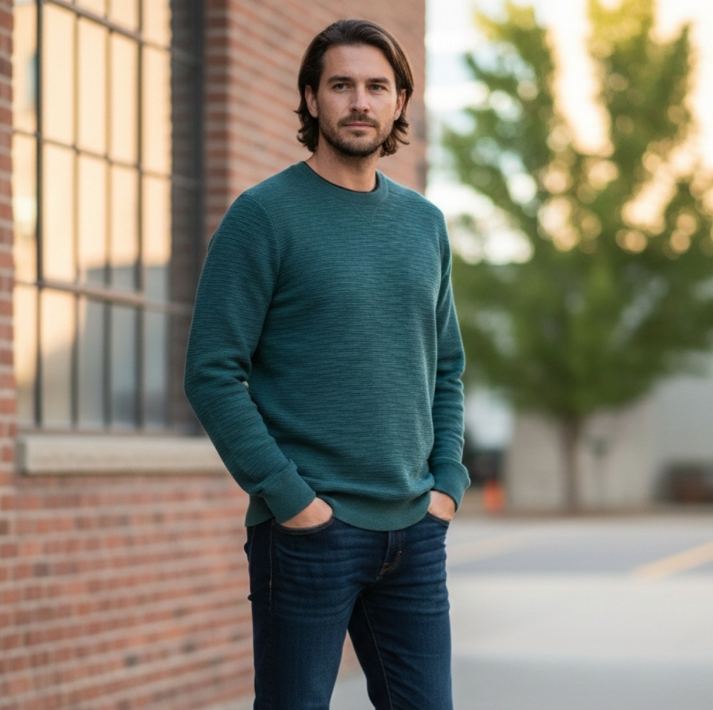 Smartwool Mens Brookline Crew Sweater Green Textured Wool Blend Pullover Size M